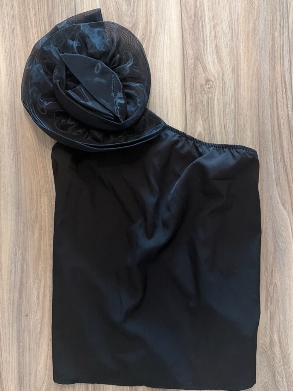 Black One-Shoulder Satin Cocktail Dress with Rosette Detail